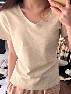 6308# official figure [210g cotton thread] v-neck shoulder t-shirt women's short sleeve summer basic slim coat