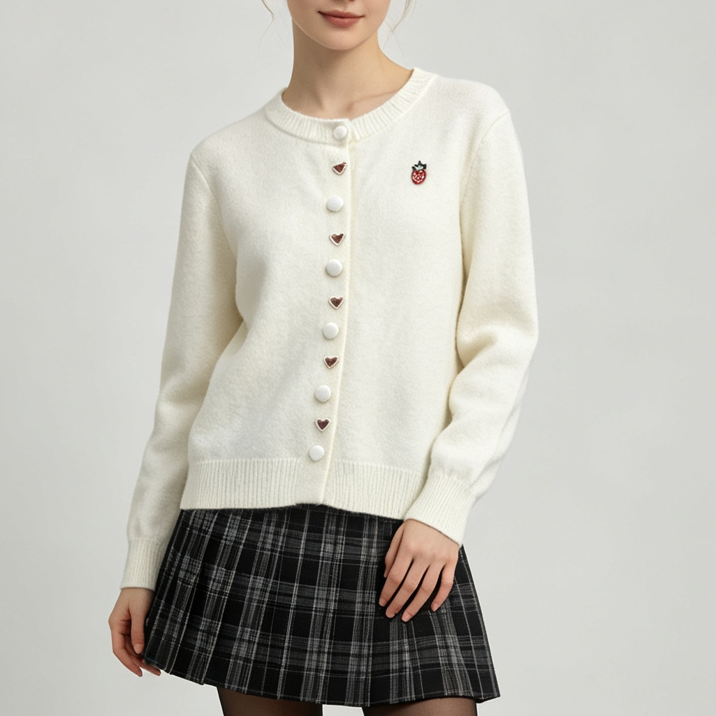 Heart Button Strawberry Sweater Coat for Women, 2026 Autumn/Winter New Loose Soft Korean Style Versatile Knit Cardigan