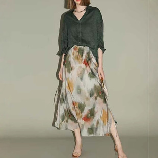 New Chinese Style Elegant Printed Stylish Waist Skirt Women's 2025 Spring Beaded Rope Split Skirt
