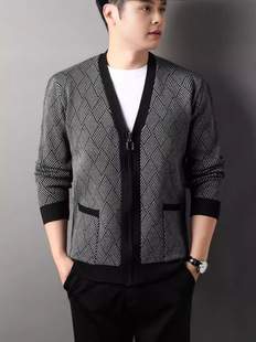 Men's Knitted Cardigan 2024 Autum New V-Neck Plaid Elegant Dad Casual Knitted Sweater Jacket for Men