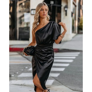 European and American Style Sexy Shoulder Collar Open Shoulder Pleated Hip Skirt Mid-Length Split Dress Party Evening Dress