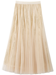 B2054 2025 spring women's new elastic waist layer mesh long skirt