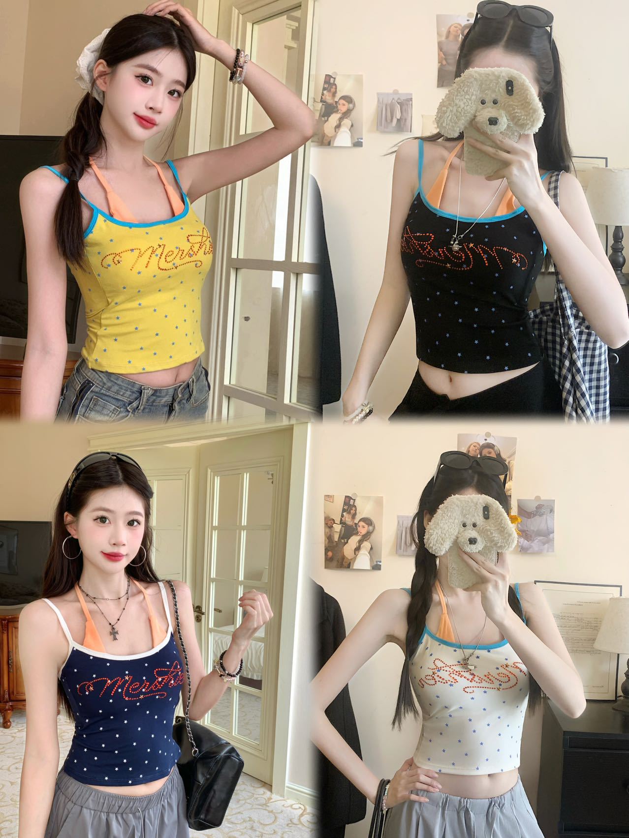American Retro Hot Girl Fake Two-Piece Hot Diamond Star Contrast Color Camisole Women's Summer Slimming Short Top