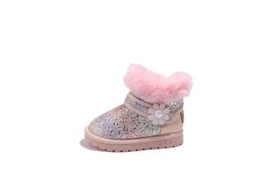 Girls' Mao Mao Mouth Snow Boots 2024 Winter New Sequin Princess Shoes Korean Style Warm Low Boots for Little Girls
