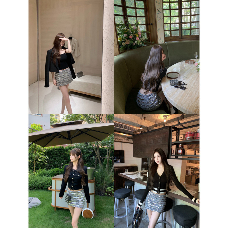 apricot Spice Girl Early Autumn Skirt Women's New Striped Sequin A- line Skirt Low Waist All-match Elegant Casual Short Skirt