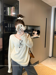 Soft Waxy Lazy Style V-Neck Long-Sleeved Black T-Shirt Women's Winter Mid-Long Loose Inner Base Shirt apricot Top
