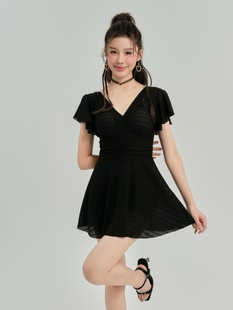 New Short-sleeved V-neck dress Swimsuit Women's Black Flesh Covering Slimming Waist Swimsuit Students Vacation Hot Spring Swimming