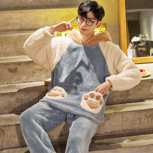 Autumn and winter pajamas coral fleece warm thick fleece-lined long sleeve youth suit jacquard fleece men's home clothes can be worn outside