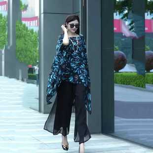 Summer New Fashion plus size Elegant Retro Age-reducing Meat Cover Slimming Western Style All-match Chiffon Shawl Wide Leg Pants suit