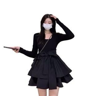 Strap Bow Black Fluffy dress Women's Spring and Autumn Korean Style New Arrival Long-Sleeved Cake Skirt for Small Men