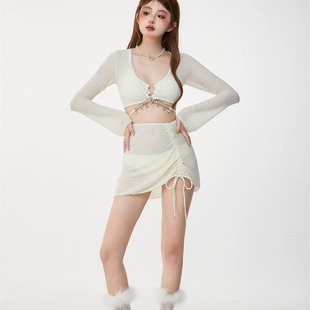 Swimwear Women's Summer New Pure Desire Style Bikini Long-sleeved Blouse Wrap Hip Skirt Sweet Strap Holiday Swimwear Hot Spring