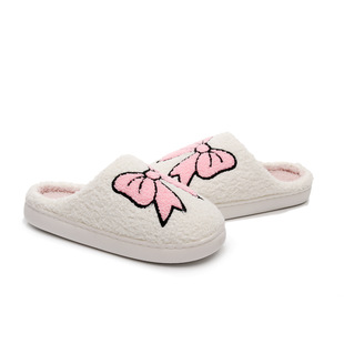 Valentine's Day Gift Barbie Powder Bow Cotton Slippers Women's Indoor Autumn and Winter Comfortable Wool Slippers Independent Station for Hair