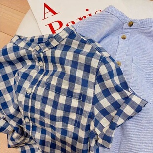 Striped Washed Cotton Shirt Kidsren's Shirt 2024 Summer New Style Plaid Baby Stand Collar Short-sleeved Shirt for Boys and Girls Trendy