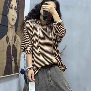 Spring 2025 Korean Style Loose Age-reducing Contrast Color Striped Hooded Pullover T-shirt All-match Casual Hoodie Base Shirt for Women