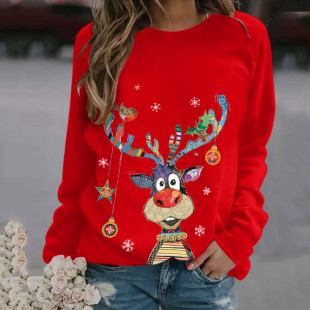 Amazon independent station wish autumn and winter snowflake Christmas deer print crew neck street fashion gift long sleeve European and American T-shirt