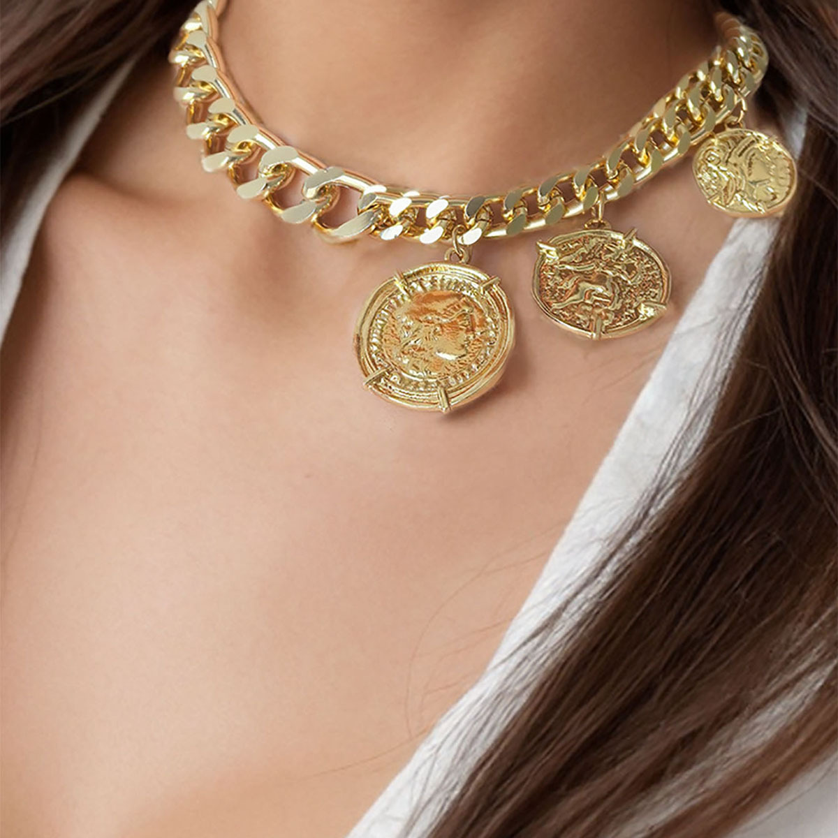 Cross-Border Hot-Selling Women's Coin Multi-Pendent Pendant Necklace Asymmetrical Exaggerated Chain Exaggerated Ins Simple Fashion Versatile