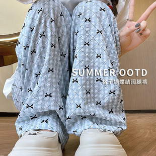 Plaid Bow Wide Leg Pants Women's Summer New High Waist Slimming Casual Trousers Narrow Straight Plaid Pants