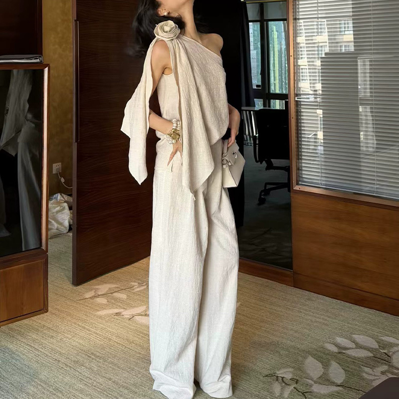 40% Linen + 60% Tencel, Natural Linen Color, Three-Dimensional Floral Design, One-Shoulder Sleeveless Vest Set with Ribbons, Summer 2026 New Model