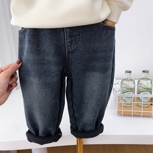 Boys' Autumn and Winter Integrated Velvet Jeans 2024 New Winter Pants Children's All-match Trendy Winter fleece-lined