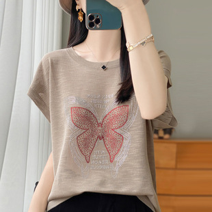 Professional Hair-generation Summer Slub Linen Short-sleeved T-shirt Loose Round Neck Thin Hot Drilling Butterfly Sweater Top Trendy