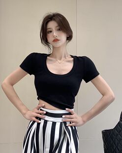 Hot Girl Style Short-sleeved Women's T-shirt Low U-neck Slim-fit Stretch Top Threaded Cotton Short T-shirt Small Sexy Cropped Top