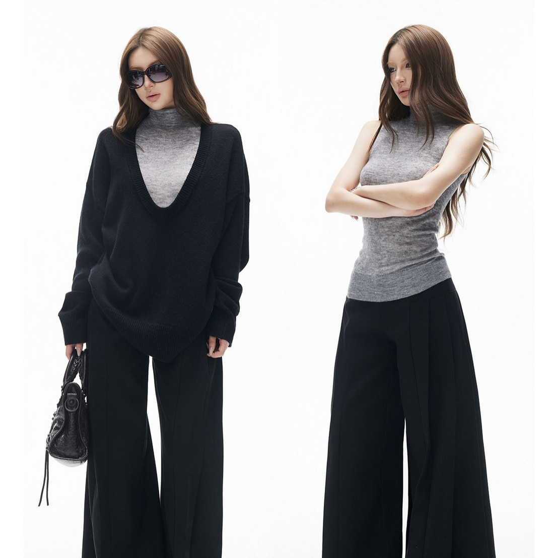 iamxia* black and gray contrast deep V-neck loose-fitting knitted sweater with stand-up collar and slim-fit vest, true two-piece design