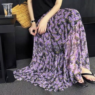 French Romantic Bohemian Purple Printed Skirt Women's Large Swing with Pocket Slim-fit Slim-fit Five-layer A- line Skirt