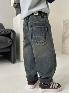 Boys Jeans fleece-lined Autumn Children's Pants Autumn and Winter 2024 New Big Children Casual Pants One-piece Velvet Trousers
