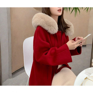 2025 New Autumn and Winter Red Woolen Coat Thickened Loose Hooded Woolen Collar Coat Long Women's Coat