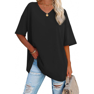 2024 spring and summer Amazon temu explosions Europe and the United States new oversized loose women's V-neck T-shirt cross-border foreign trade women's clothing