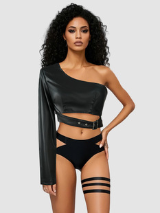 Cross-border locomotive punk single shoulder PU leather rock dance Joker irregular short coat European and American independent station net red