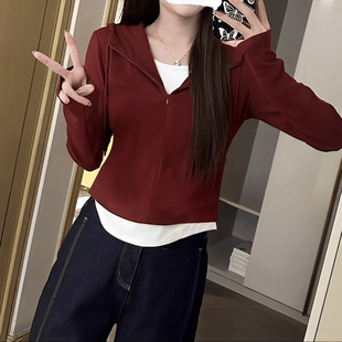 2024 Half Zipper Hooded Fake Two-Piece Sweaters Women's Autumn and Winter New Contrast Color Stylish Fashionable Casual Long Sleeve Top
