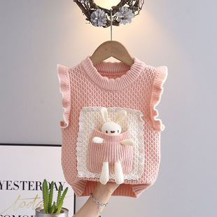 Girls' Crewneck Sleeveless Sweater Vest Spring and Autumn 2024 Children's Cartoon Pocket Cute Check Knitwear Vest