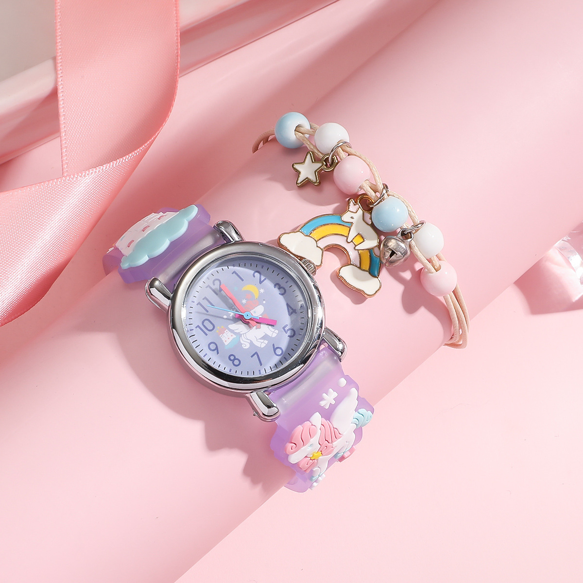 Cute unicorn pattern children's watch with colorful plastic strap, available directly from the factory.