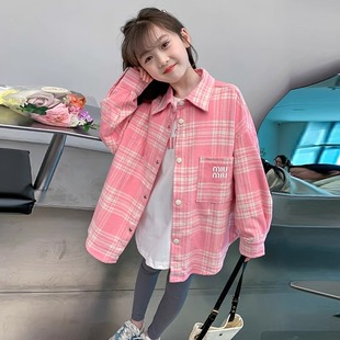 Girls' Shirt Long Sleeve Spring and Autumn 2024 New Korean Style Plaid Fashionable Lapel Top Children's Shirt Coat