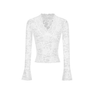 White Spice Girls V-Neck Long-Sleeved Lace Shirt Women's Winter Tight-Fit Slimming Base Shirt Pure Sexy Short Top Trendy