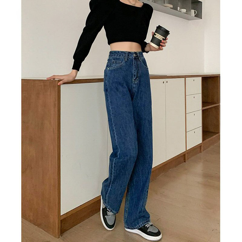 885 빈티지 홍콩 스타일 하이 웨이스트 와이드 레그 청바지 여성용 짧은 느슨한 스트레이트 드레이프 팬츠