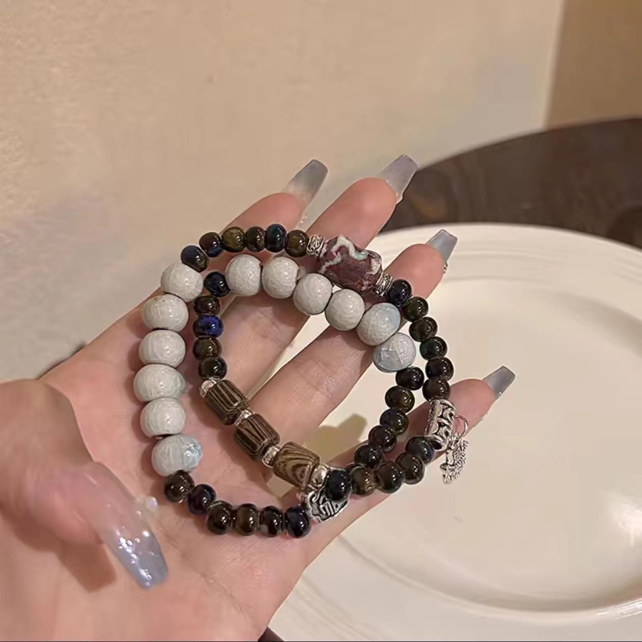 Niche Double-Circle Ceramic Bracelet with Original Design, High-End Feel, Ethnic Style Beaded Bracelet, National Trend Retro Friendship Jewelry