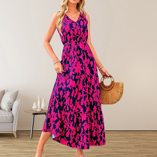 Amazon Cross-border European and American Women's 2024 Summer Fashion New V-neck Casual Printed Sleeveless dress Women