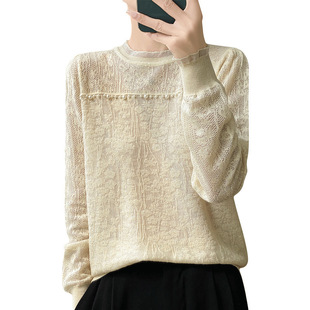 Lace Base Shirt Women's Spring and Autumn 2024 New Style Slimming Age-reducing plus size Long-sleeved Knitted Beaded Top