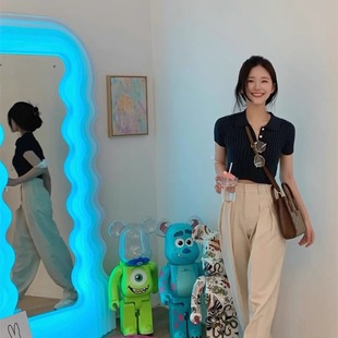 POLO Collar Ruth Same Style Tibetan Blue Knitted Shirt Short-sleeved T-shirt Women's Summer 24 New Slim-fit Slimming Short Top