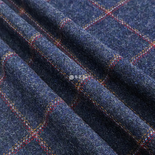 Imported thin blue plaid lines retro wool tweed waistcoat suit clothes fabric B