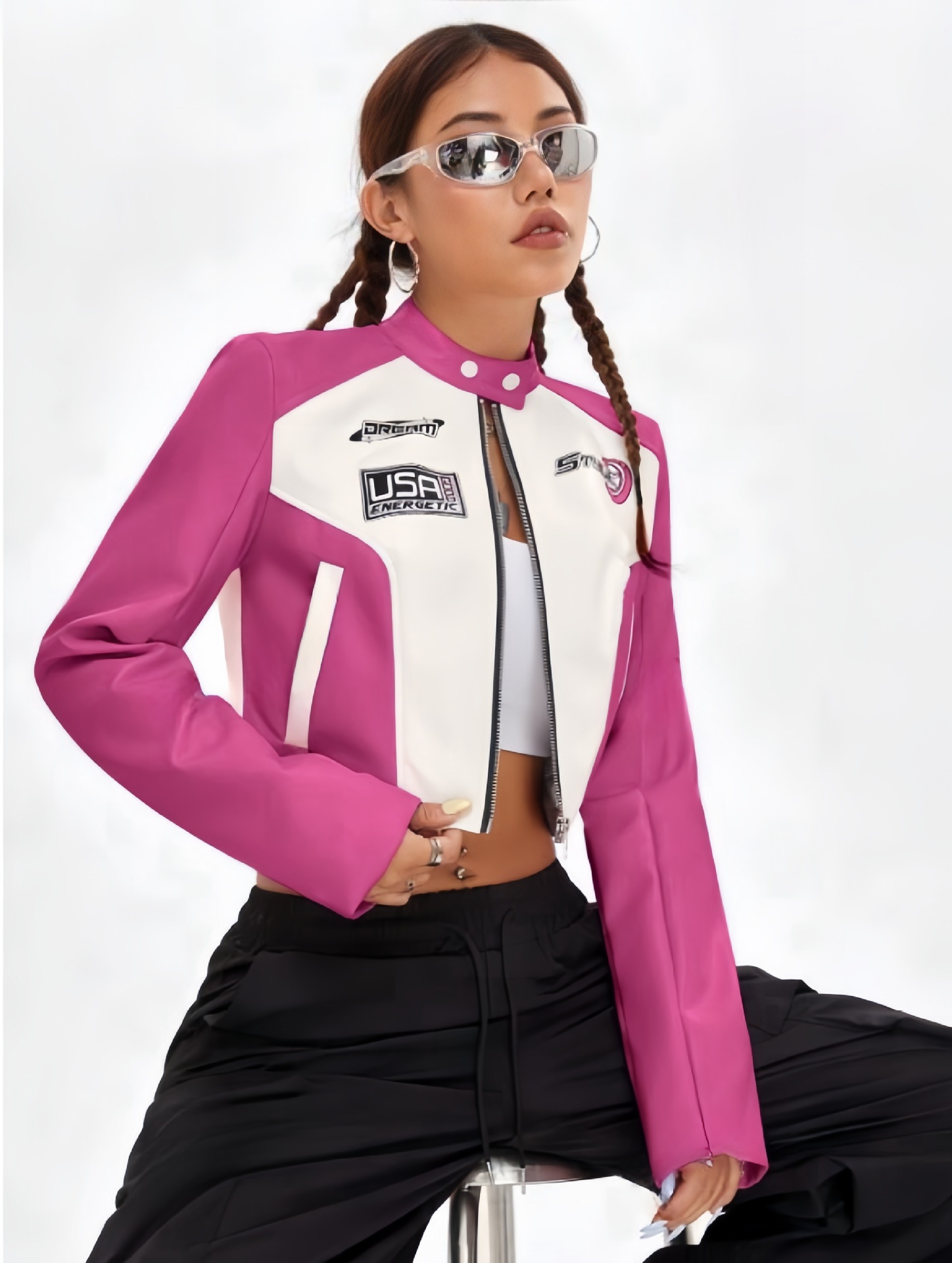 Motorcycle Style Cool Stand Collar Cardigan Leather Top 2024 Autumn and Winter New Style Personalized Contrasting Letter Print Short Outwear