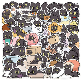 50 Cartoon Little Black Cat Animal Handbook Stickers Laptop iPad Guitar Skateboard Decorative Stickers