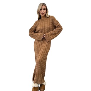 Autumn 2024 New European and American Amazon Cross-border Lazy Solid Color Round Neck Tough Twist Over-the-Knee Long Sweater Dress