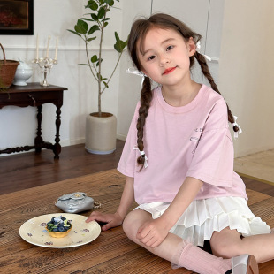 Emo Beibei Children's Wear Girls' Korean Loose Short-sleeved Children's Western Style Design Back Bow T-shirt Top