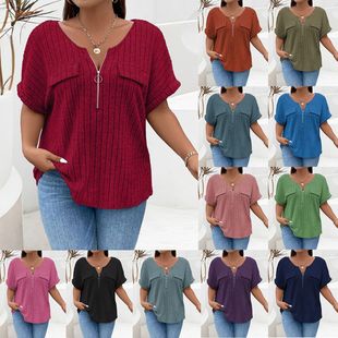 2025 Amazon Spring and Summer New Solid Color plus size Women's Top Zipper Short Sleeve Fake Pocket Pullover T-shirt Loose