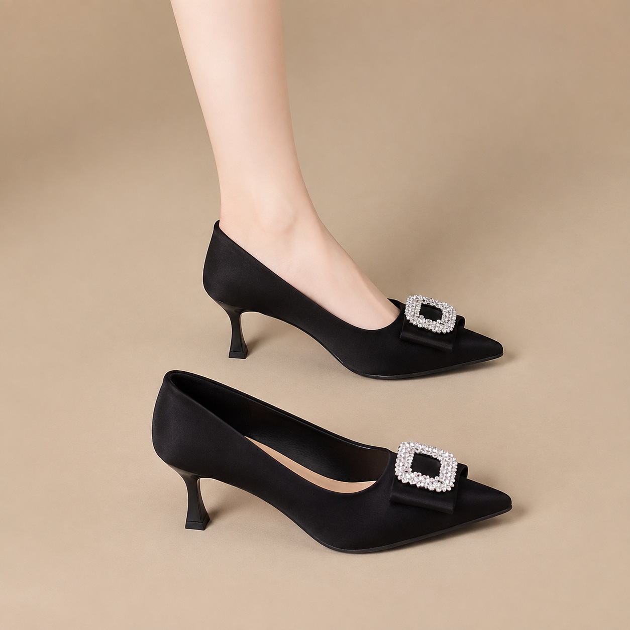 Women's black pointed-toe stiletto heels with French pearl buckle, versatile commuter shoes, new style, Chanel-inspired.