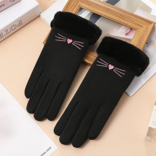 Warm gloves winter de Velvet ladies cute velvet padded fur mouth outdoor riding winter touch screen gloves