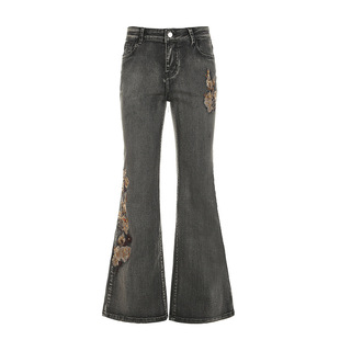 European and American Washed Blue Rose Embroidered Micro-La Jeans Hot Girl Street Sexy Slim-Fit Slimming Casual Trousers Women's Summer
